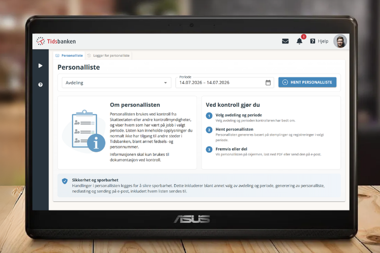 ASUS stempleskjerm som viser personallisten i Tidsbanken