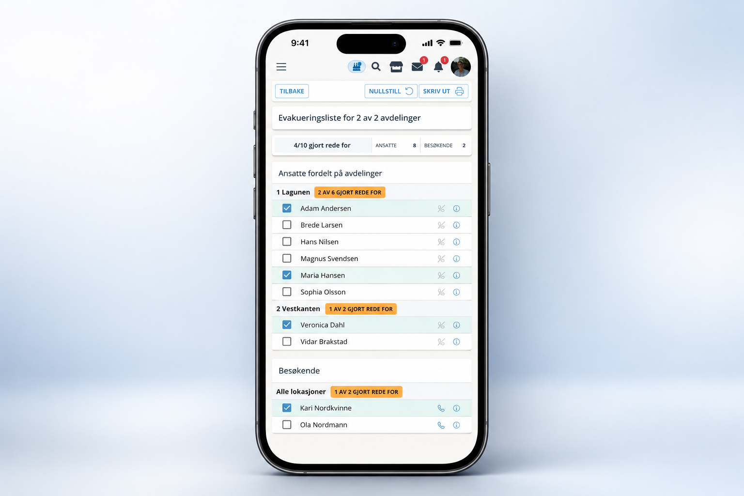 mobiltelefon som viser evakueringsliste